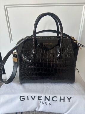 Givenchy Black Croc-Embossed Leather Satchel with Gold Hardware